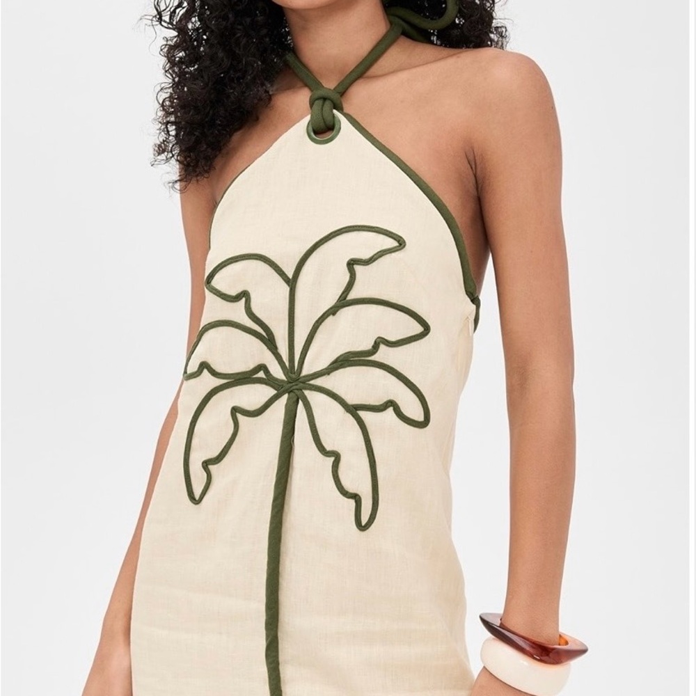 Farm Rio Sand Coconut Mini Halter Dress with Green Palm Design